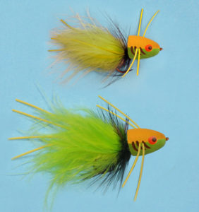 Lil' Foamy Sneaky Pete Popper and Big Pete in yellow-chartreuse combo color smallmouth bass fly