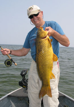 A fly fisher holding a huge carp on Lake Michigan