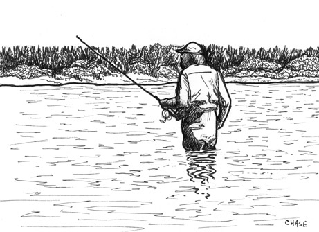 sketch of Tim wade-fishing in Lake Michigan